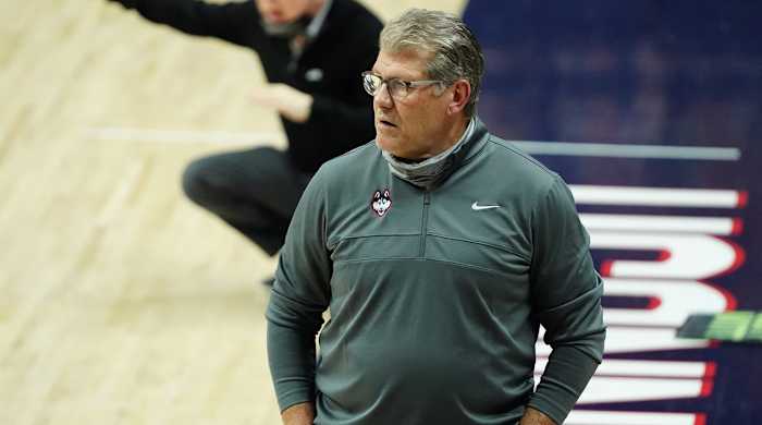 UConn head coach Geno Auriemma looks on from the sideline